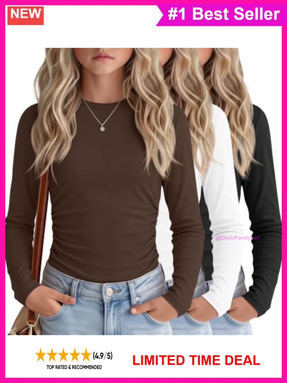 Girls 3 Pack Long Sleeve Ruched Crew Neck Tees Stretch Cotton Blend Tops